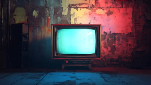 CRT monitor glow in decayed industrial interior environment.