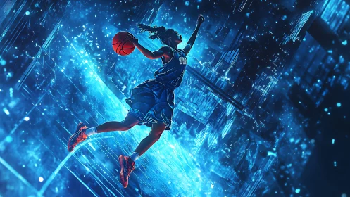 Kinetic cybercourt leap with luminous urban data shards.