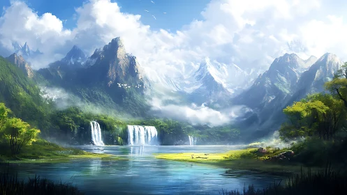 Expansive alpine valley renders cascading waterfalls in luminous detail