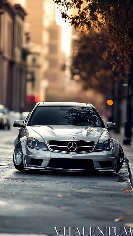 Lowered silver Mercedes coupe stands on wet urban street at dusk