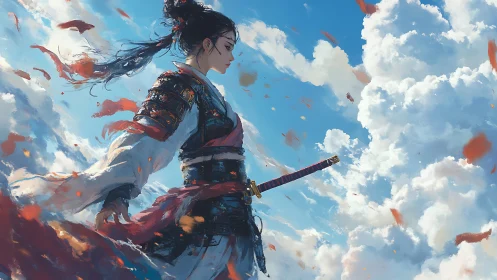 Lone samurai woman contemplates the sky in swirling petals