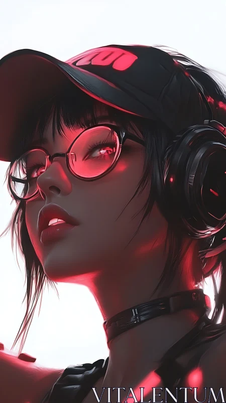 Neon-lit gamer girl gazes upward in futuristic close-up