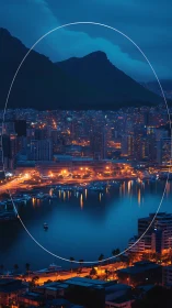 Harbor city at dusk with neon oval light trace framing skyline.