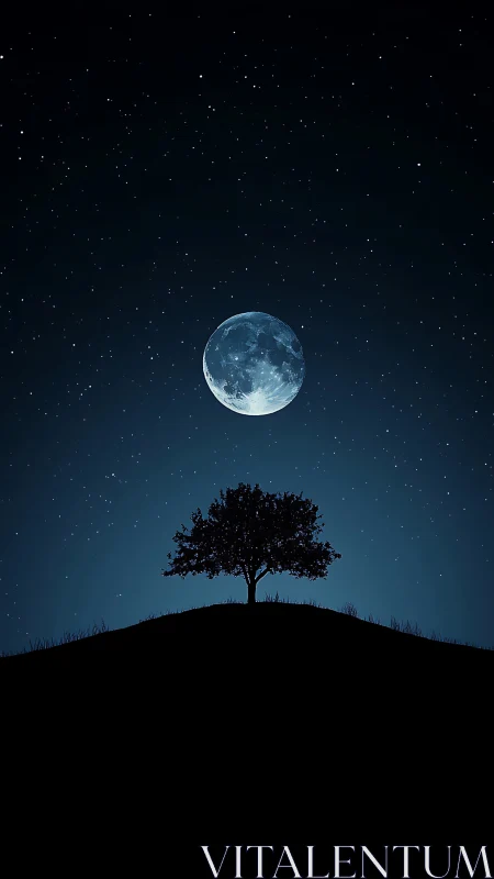 Moon pauses above a lone hilltree in quiet cosmic balance