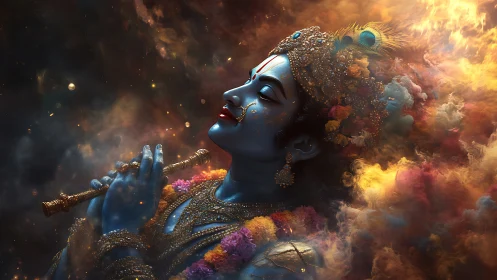 Divine blue deity plays flute within swirling cosmic clouds