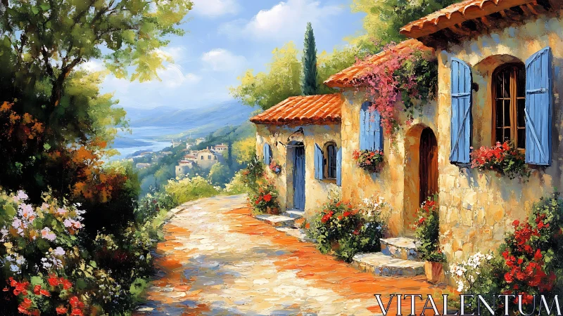 Sunny hillside village path with stone houses and flowers.