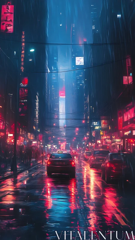 Rain-soaked city street glows with neon lights and night traffic
