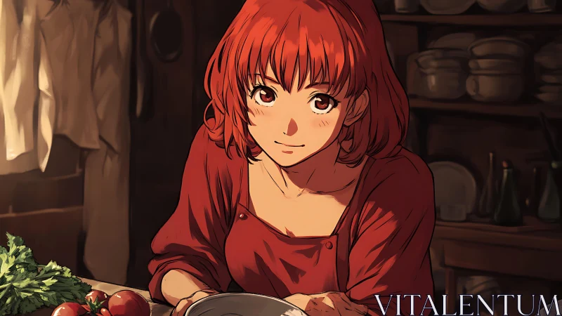 Warm kitchen anime portrait in cinematic chiaroscuro lighting.