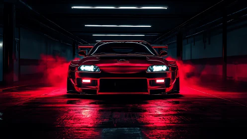 Street-lit red sports car glowing with moody neon energy.