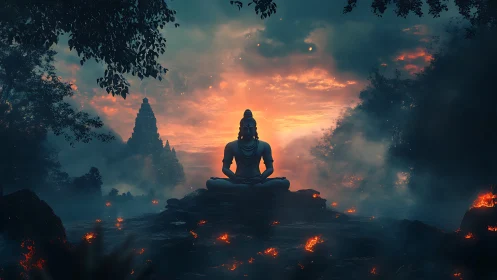 Serene stone deity meditating amid glowing twilight embers.