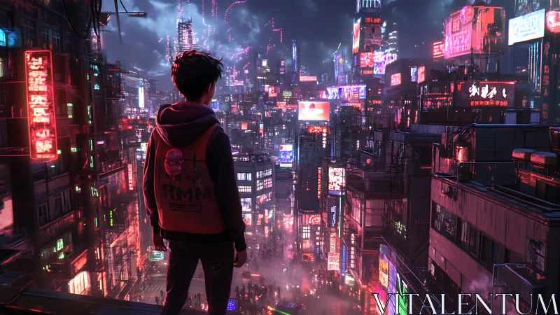Solitary figure surveys neon-soaked cyberpunk megacity skyline