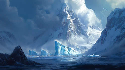 Majestic icy mountain towers above frozen polar channel.
