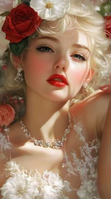 High-detail floral portrait of blonde woman with luminous skin