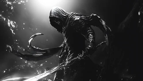 Hooded wraith emerges in monochrome high-contrast chiaroscuro.