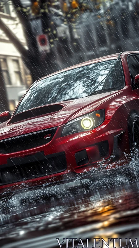 Red sports sedan cutting through rainy city street scene.