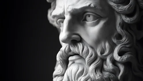 Marble statue head with detailed beard in close view.