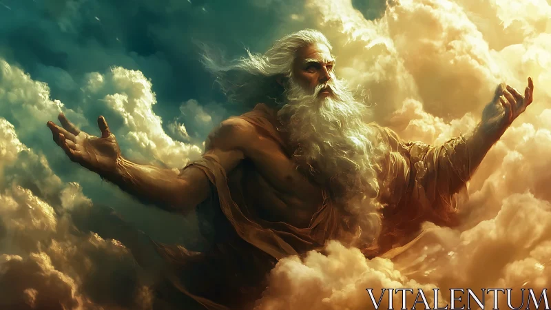 Elderly robed figure with outstretched arms emerges from clouds