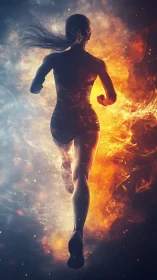Runner silhouette between fire and ice energy burst.