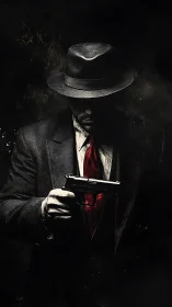 Shadowed noir gunman in a sharp suit holds quiet tension