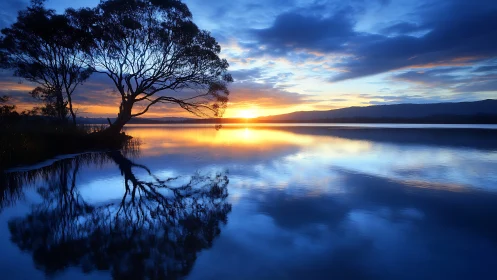 Sunset over calm lake with silhouetted tree reflection.