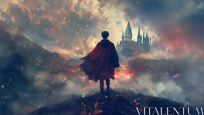 Cloaked hero surveys blazing valley and distant castle.