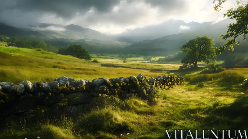 Sunlit valley meadow with stone wall under storm clouds.