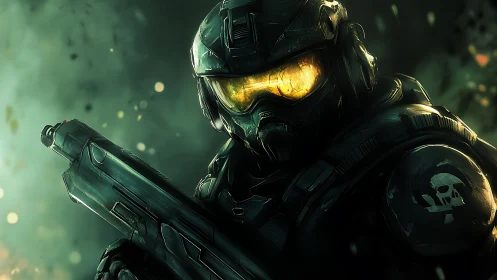 Armored sci fi soldier with glowing visor in combat haze.