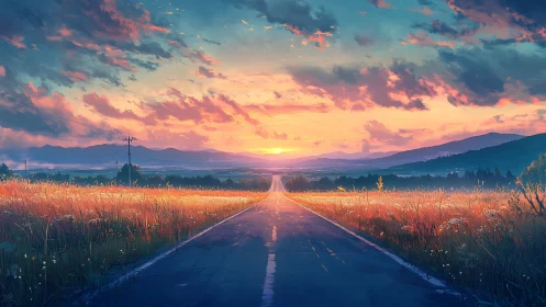 Sunlit country road welcomes a peaceful, glowing horizon