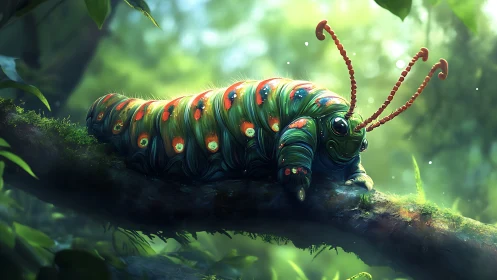 Colorful fantasy caterpillar resting on mossy forest branch.