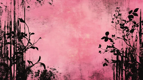 Pink textured background with black silhouetted plant branches
