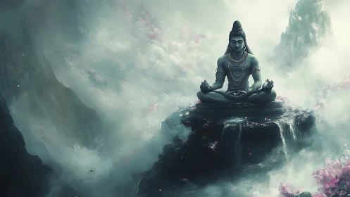 Meditating deity figure on misty rocky platform with falls.