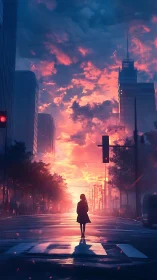 Silhouetted figure walks city street under burning sunset sky