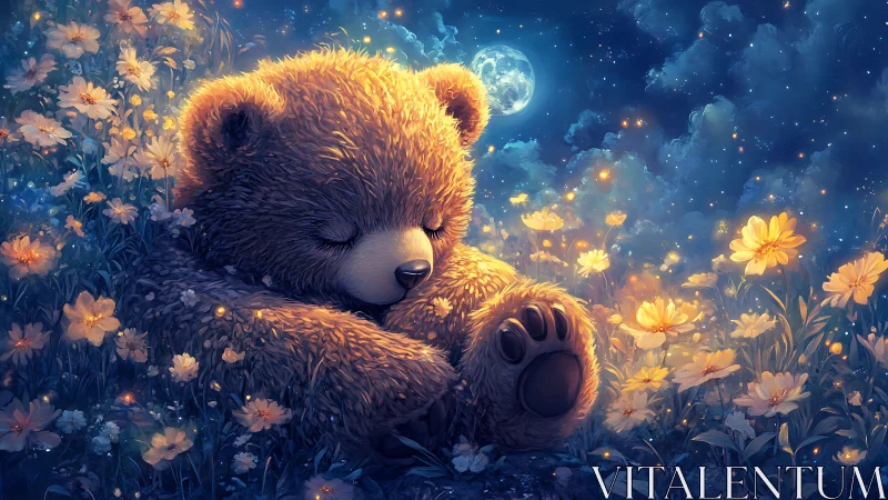 Teddy bear sleeps curled in glowing wildflower meadow at night