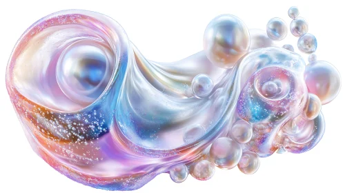 Iridescent abstract fluid form with luminous bubbles.