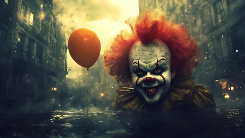 Clown figure emerging from flooded street with balloon.
