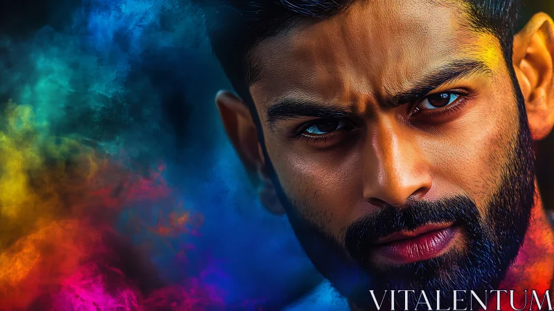 Intense bearded portrait glows within swirling neon color clouds