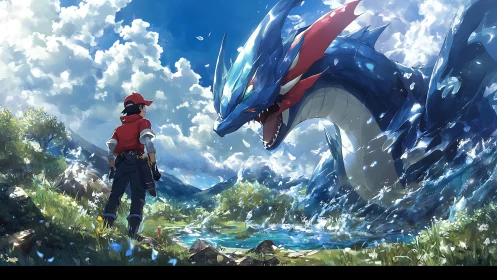 Trainer confronts colossal water dragon beside mountain lake