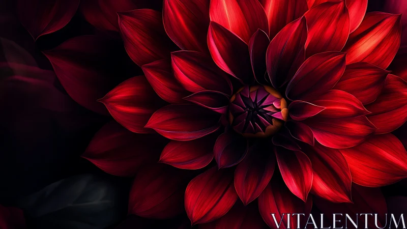 Illuminated Red Dahlia with Dramatic Backlighting Against Black Background