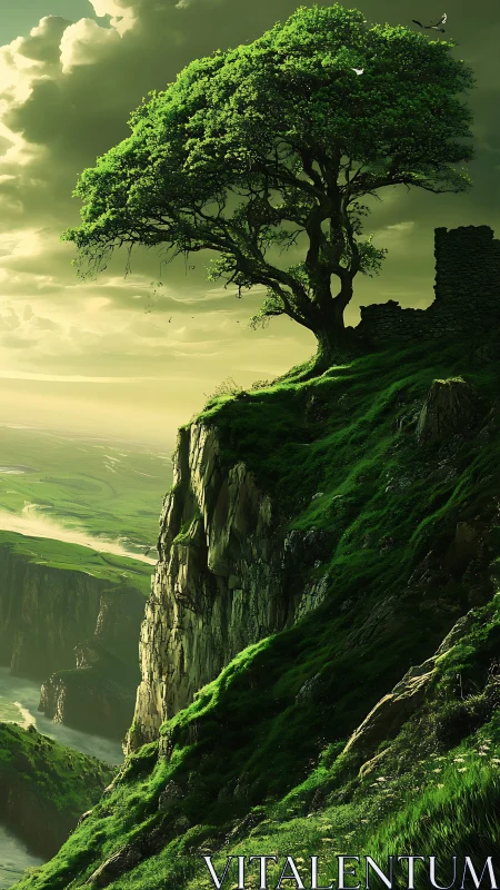 Solitary cliffside tree guarding emerald valleys at dusk.