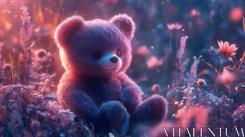 Soft teddy bear in glowing pastel meadow at twilight.