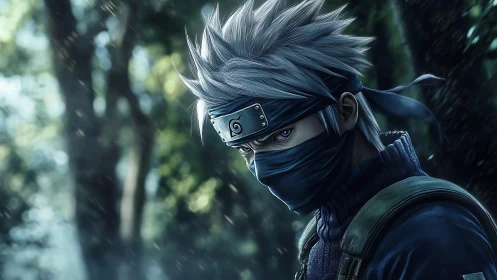 Mysterious masked warrior pausing in a misty green forest.