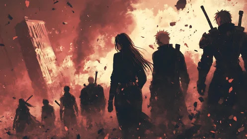 Silhouetted figures advance through burning urban ruins