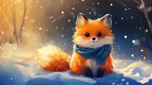 Cute orange fox with scarf sitting in snowy winter forest.