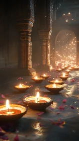 Row of festival oil lamps glows inside ornate temple hall.