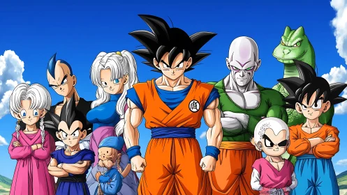 Anime warriors stand united under clear blue sky