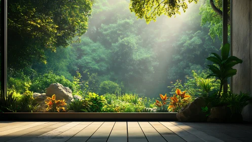 Sunlit jungle terrace dissolving walls between home, wild.