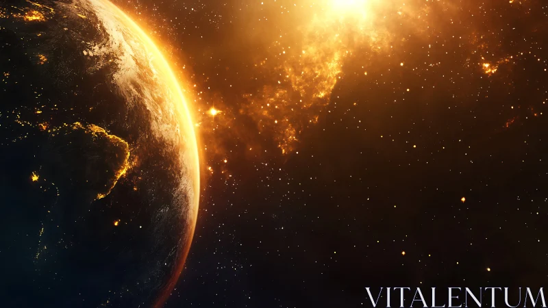 Earth glows against a golden nebula in deep cosmic night