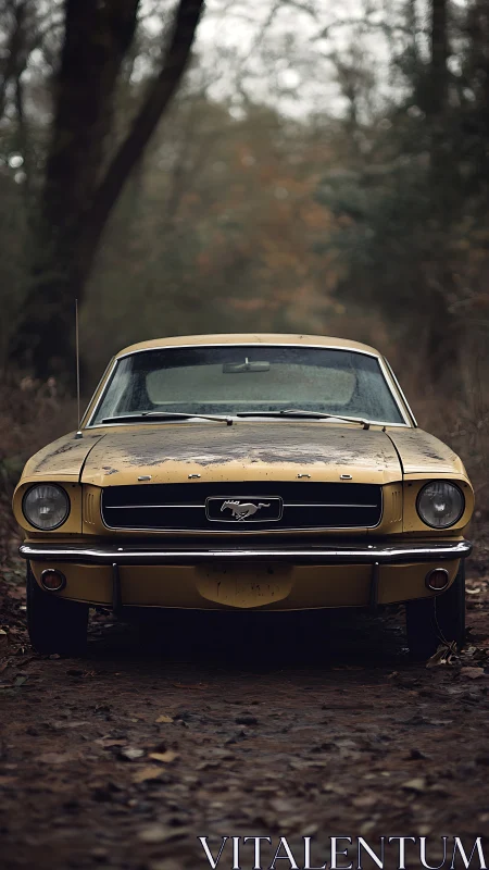 Weathered yellow Mustang rests on a misty forest track