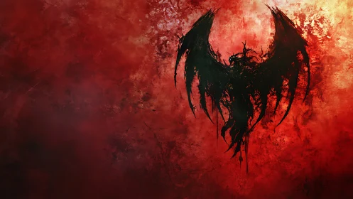 Abstract winged black silhouette on textured red field.