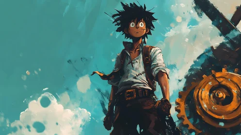 Young figure stands before large mechanical gear outdoors